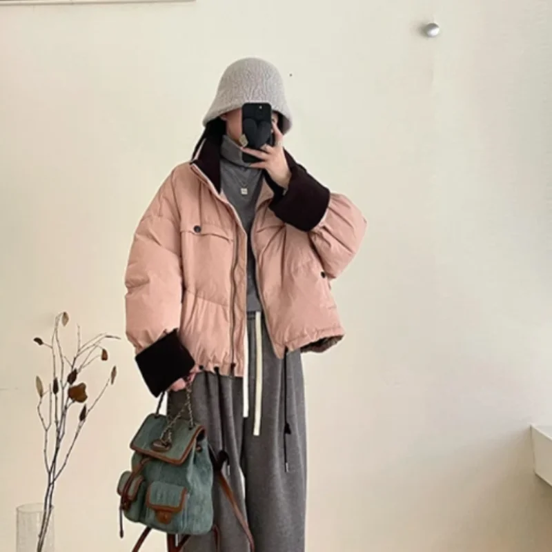 Short Jackets for Women Lapel Coats Down Color Collision Patchwork Bread Clothing Thick Warm Parka Korean Fashion Down Jackets