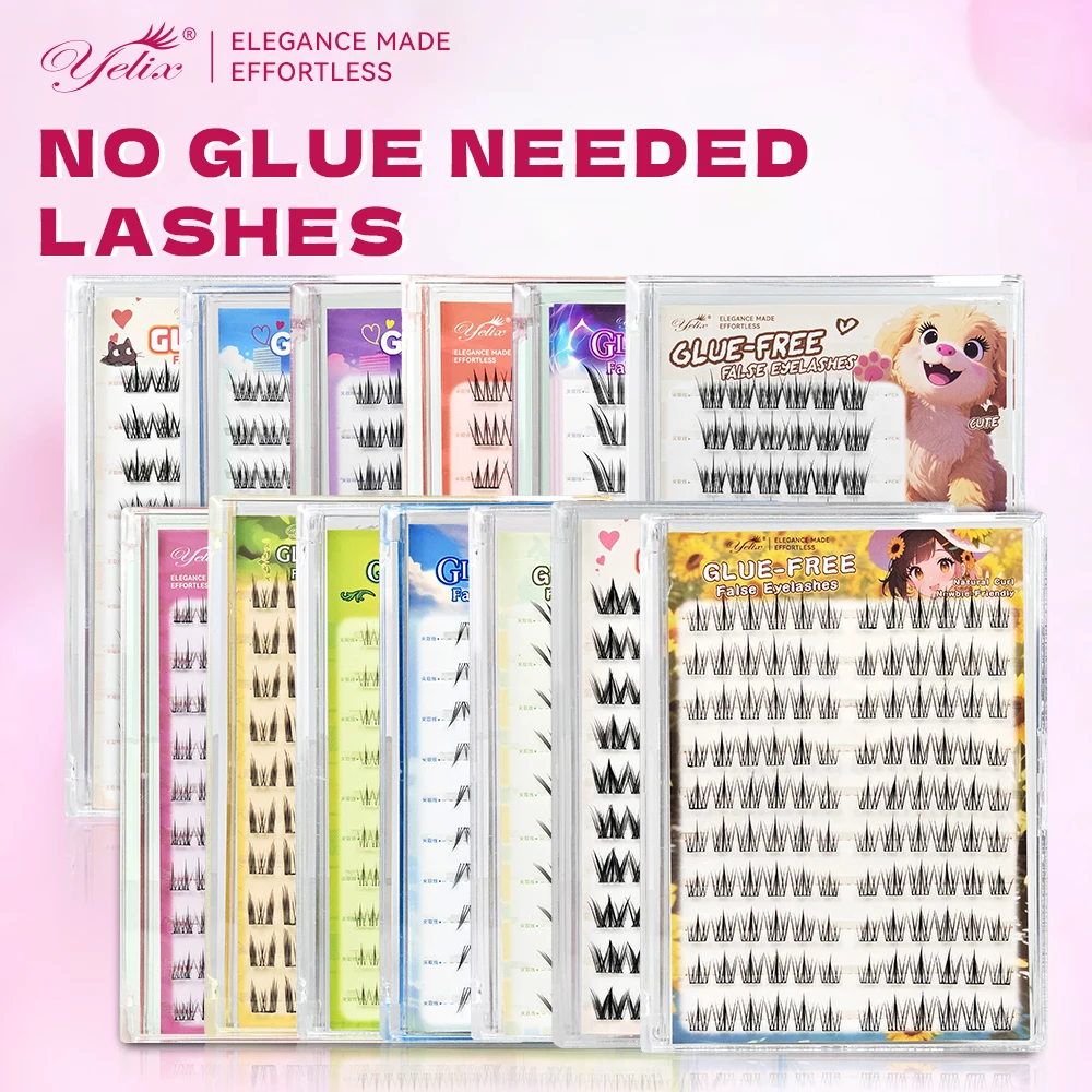 Yelix DIY selbstklebende Cluster-Wimpern, 10 Reihen, kleberfrei, Manga-Stil, abgeschnittene Wimpern, natürliche falsche Wimpern