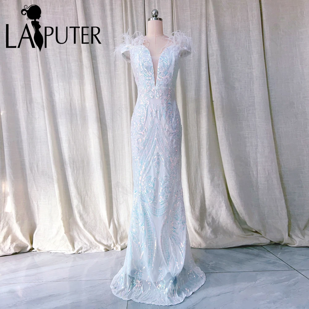 

LAPUTER White Off Shoulder Bridal Wedding Dresses Ostrich Fur Sequin Lace V neck Mermaid Bride Gown Pattern Lace Prom Dress