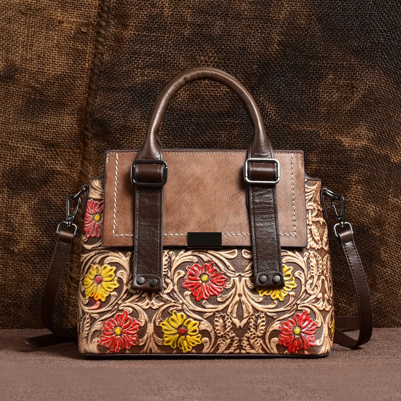 

Floral Real Cow Leather Handbag Woman Vintage Ladies Genuine Leather Tote Bag 2025 New 3D Flower Shoulder or Crossbody Bags