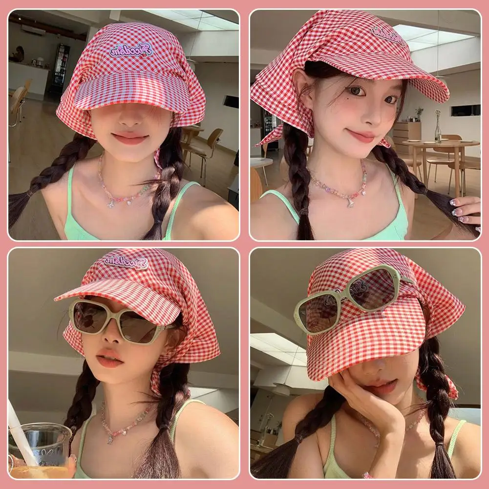 Colorful Plaid Strap Headscarf Hats For Women Summer Seaside Beach Vacation Fashion Versatile Hat O9d4