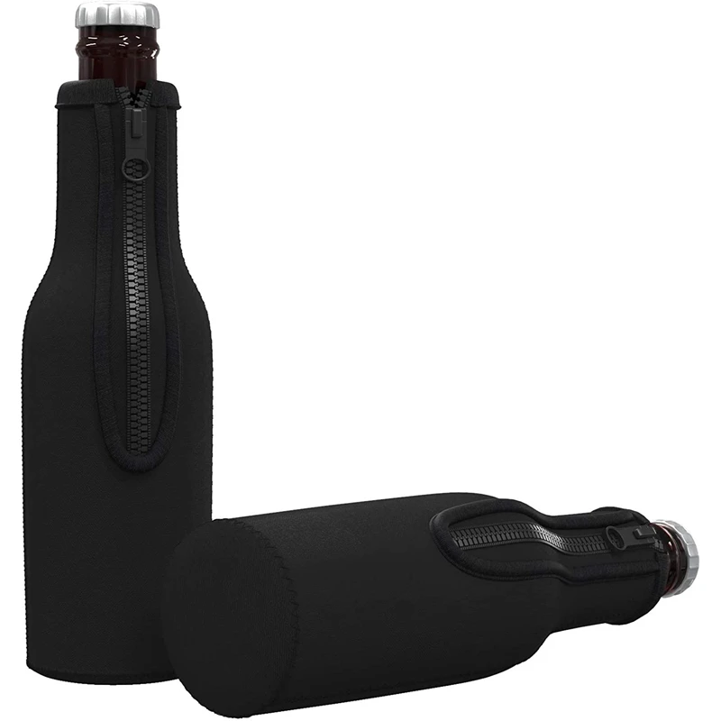 Beer Bottle Cooler Sleeves Keep Drink Cold Zip-Up Extra Thick Neoprene Insulated Sleeve Cover Black