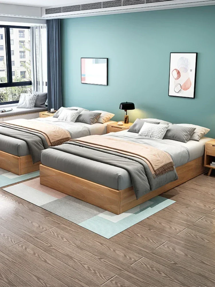 Solid Wood Tatami Bed Modern Minimalist Non-Bedside Trundle Bed 1.8 M Homestay Hotel Double Floor Bed