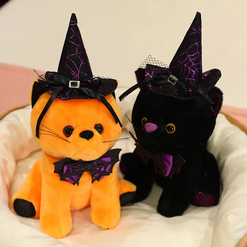 2025 Halloween Style Black Orange Cat Plush Toy Cute Kitten Doll Stuffed Pillow Happy Halloween Party Decor Gifts Trick or Treat