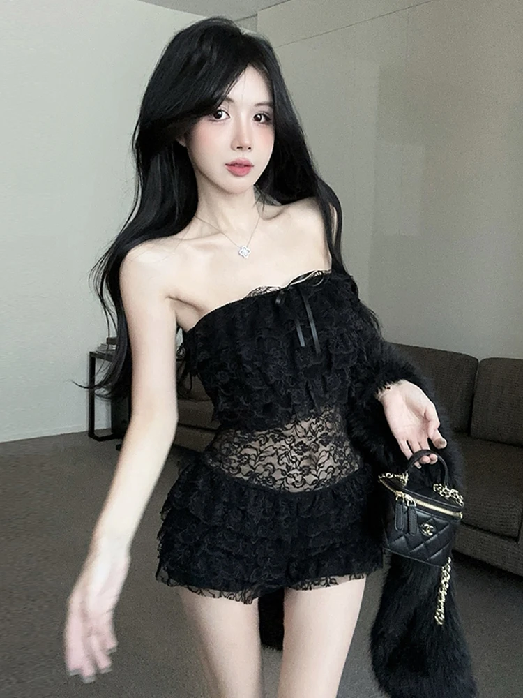 

Сексуальное кружевное платье-боди на одно плечо с вырезами, прямое, приталенное, с прозрачными вставками, шорты-платье с низкой талией, повседневный стиль