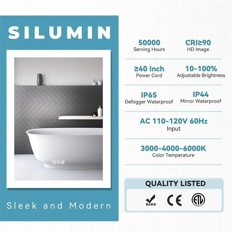 Lustro łazienkowe LED 36x28 cali, funkcja odmgławiająca w 5 minut, odbicie Full HD, 3 kolory oświetlenia z możliwością ściemniania, montaż ścienny, stylowy design dla nowoczesnego wnętrza.