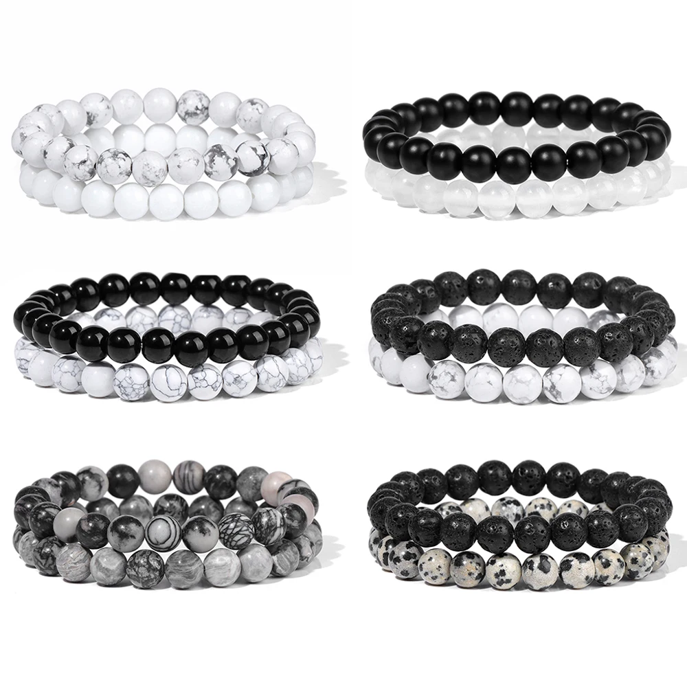 2 Stück schwarz weiß Stein Armbänder Set minimalist ischen 8mm vulkanischen Lava Howlite Jades Edelstein Armreif Heilung Schmuck Geschenk für Frauen Männer