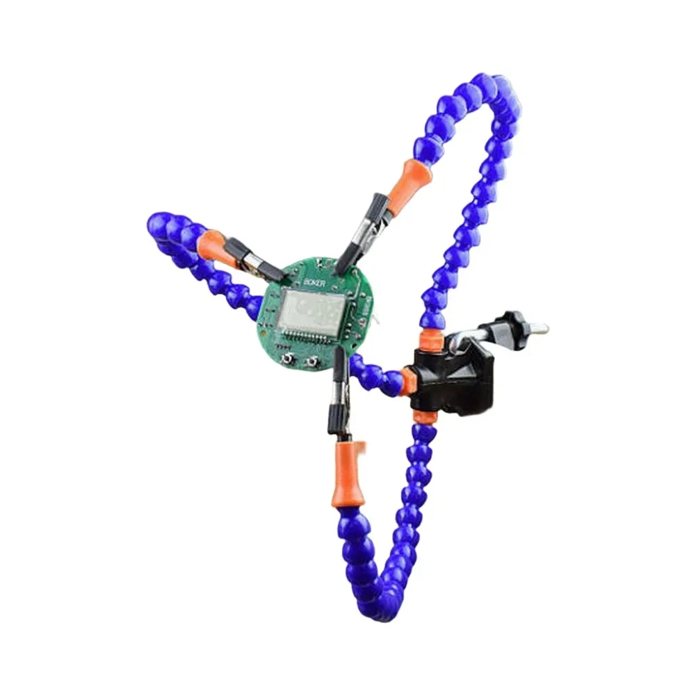 頑丈なテーブルクランプベースと多位置三爪グリップを備えた電子メンテナンスツールで、ハンズフリーのはんだ付け作業が可能