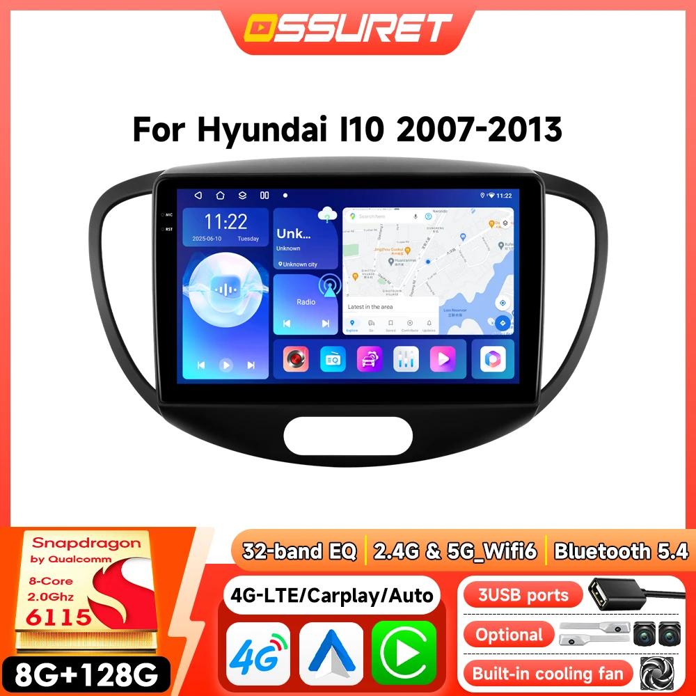 2Din Android Autoradio-Player für Hyundai I10 2007-2013 Auto-Multimedia-GPS Kabelloses Carplay mit Snapdragon 6115 360-Grad-Kamera