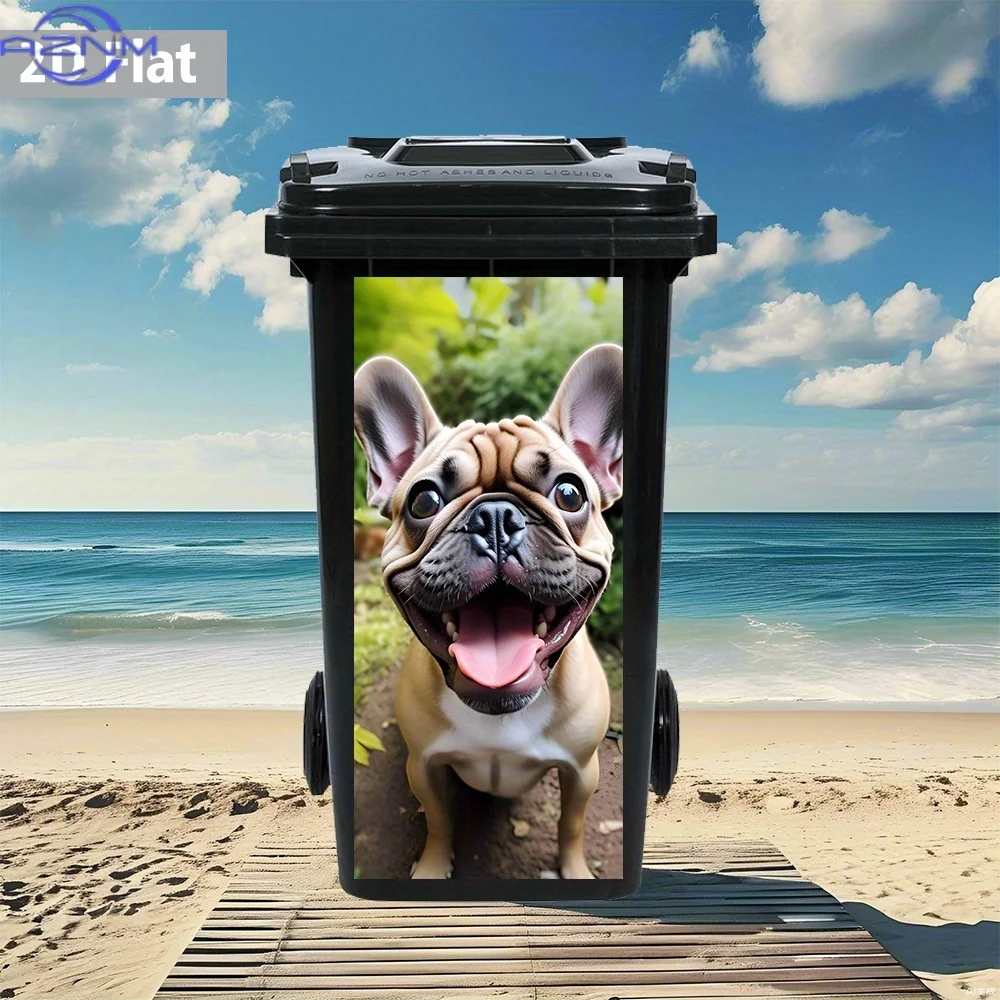 Waterproof 2D Flat Happy French Bulldog Trash Can Sticker – Charming And Lively, French Bulldog-Themed Bin Decor, Realistic De