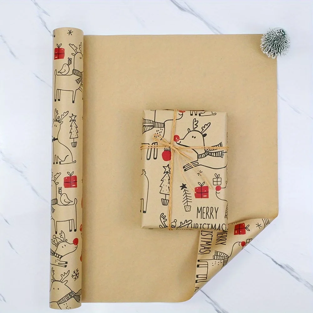 Extra Long Christmas Wrapping Paper 17in x 118.1in, Beige Reindeer Snowflake Gift Wrap for Holiday Party Birthday Decor