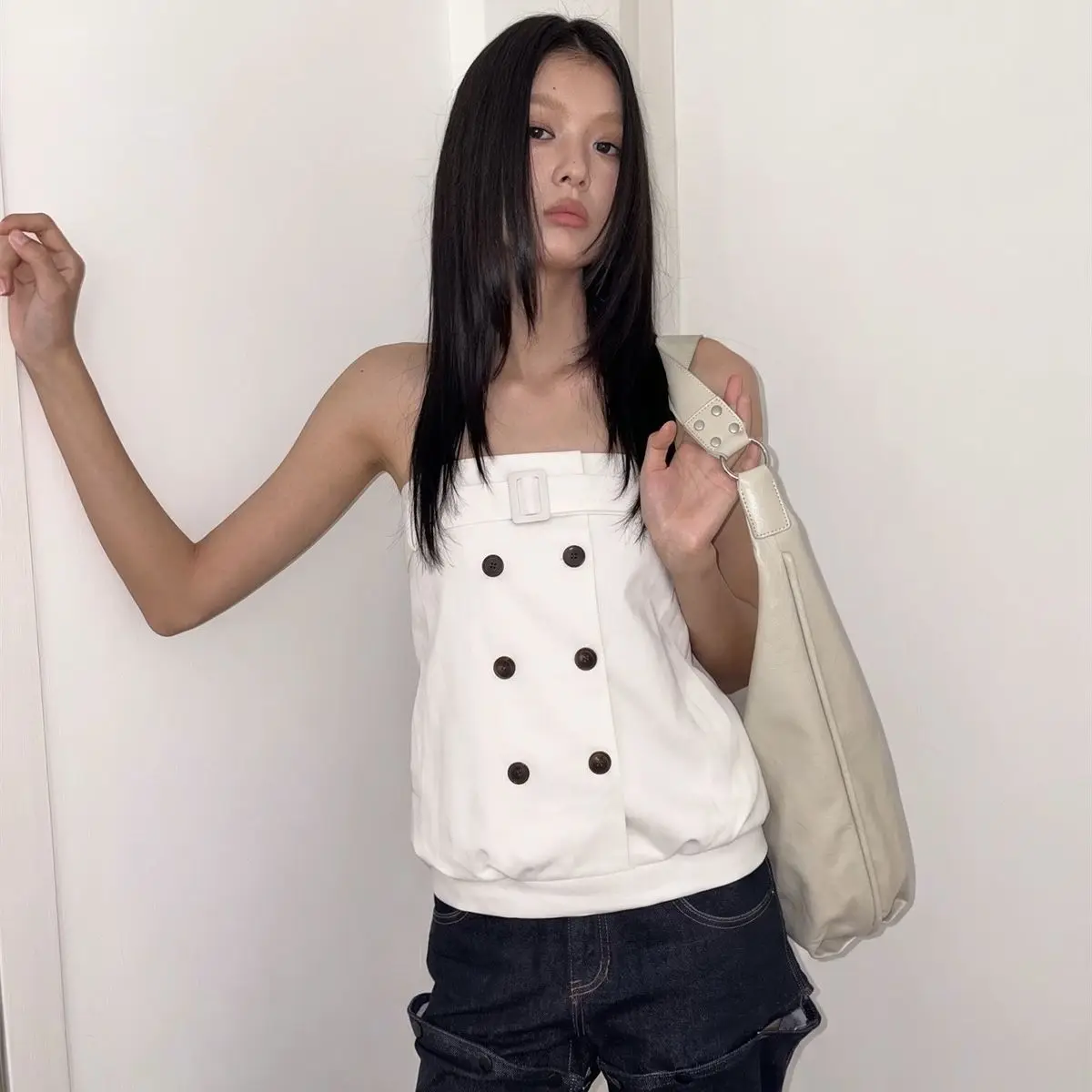 Women Vintage Tube Top White Double Breasted Button Square Buckle American Retro Sleeveless Strapless Bustier Casual Streetwear