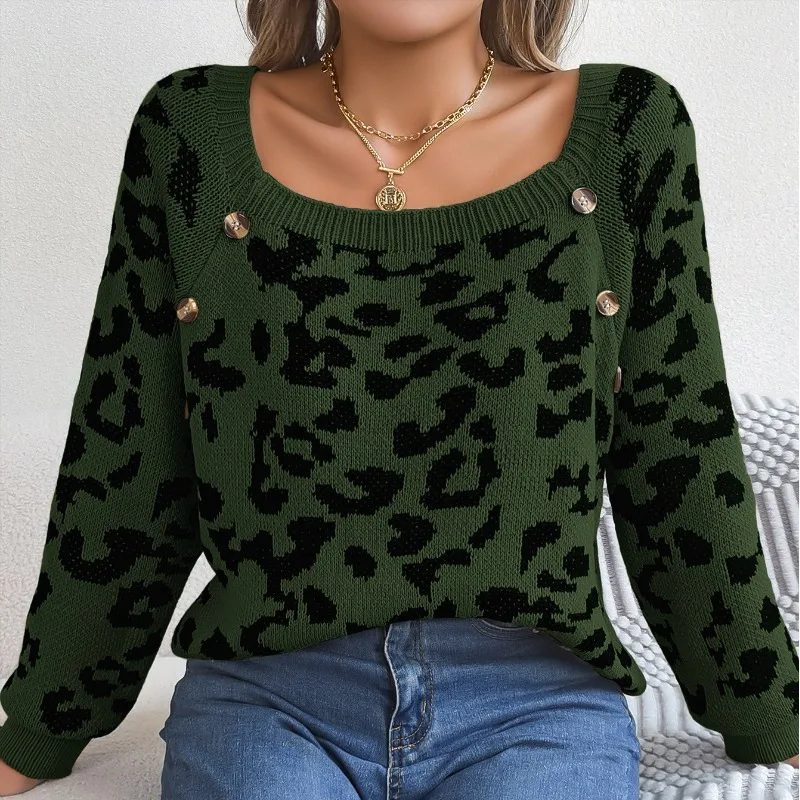 2023 Autumn and Winter Women\'s Pullover Square Neck Button Contrast Leopard Pattern Slim Fit Sweater Fashion Long Sleeve Tops