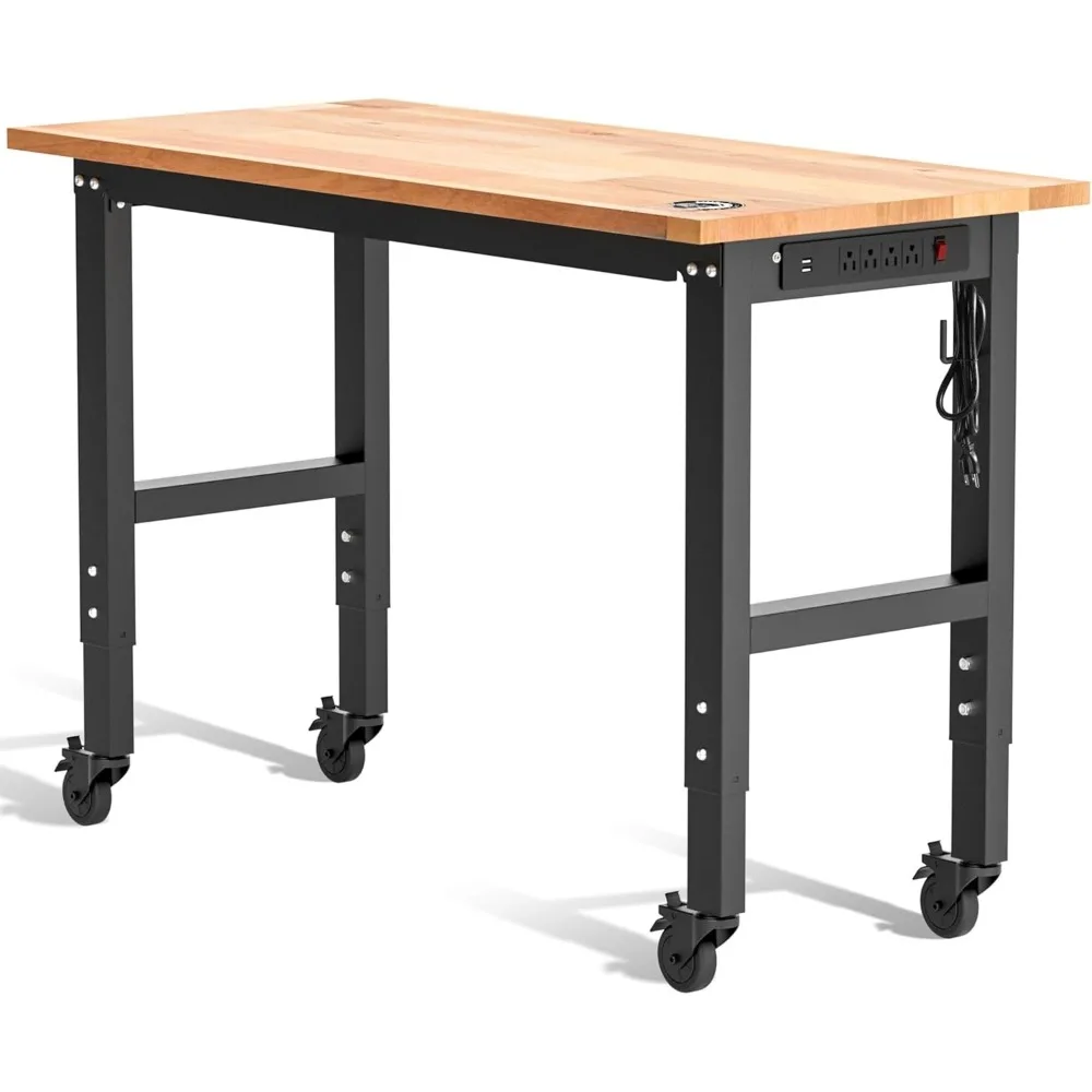 

Garage Workbench, 48"X22" Adjustable Workbench with Wheels, Rubber Wood Top Heavy-Duty Workstation with Power Outlets, 1000 LBS
