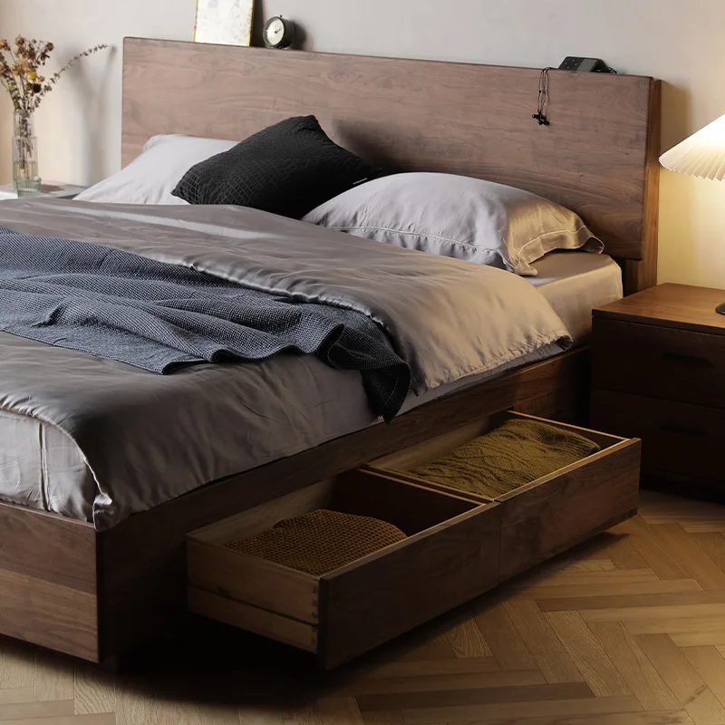 North American black walnut double bed simple modern high box storage drawer bed solid wood high box