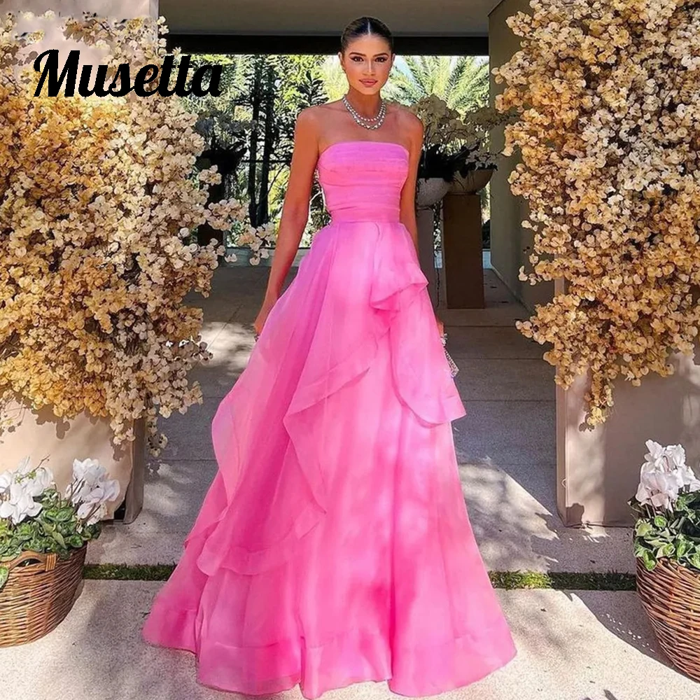 

Musetta Hot Pink Ruffles Prom Dresses Sweetheart Strapless Pleated Formal Evening Dress Women Floor Length Special Party Gowns