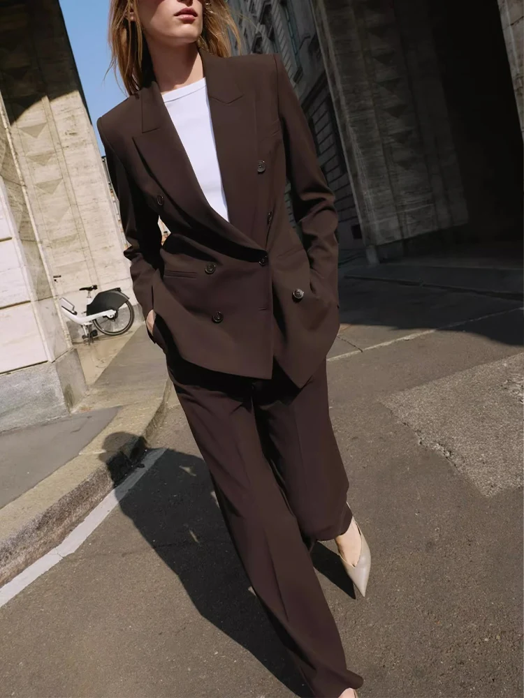 

European and American style autumn new women's clothing with padded shoulders double-breasted suit jacket straight trousers