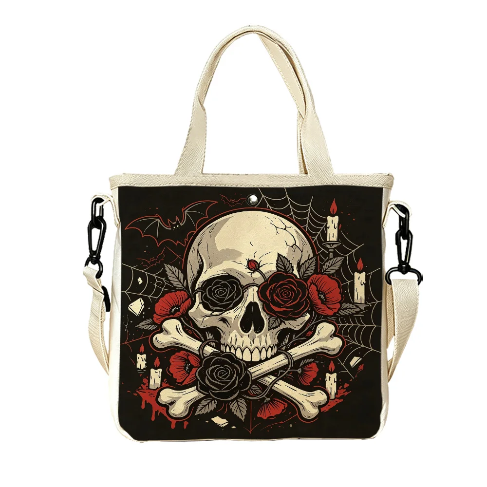 skull with roses Double-Sided Print Canvas Tote Bag Detachable Convertible Crossbody Strap for Weekend Travel