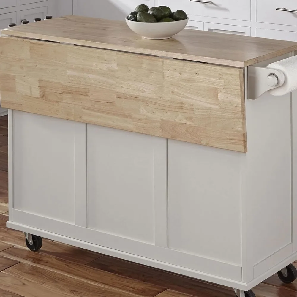 Carrinho De Ilha De Cozinha Móvel, Wood Drop Leaf Breakfast Bar, Branco Macio, 54 "Largura