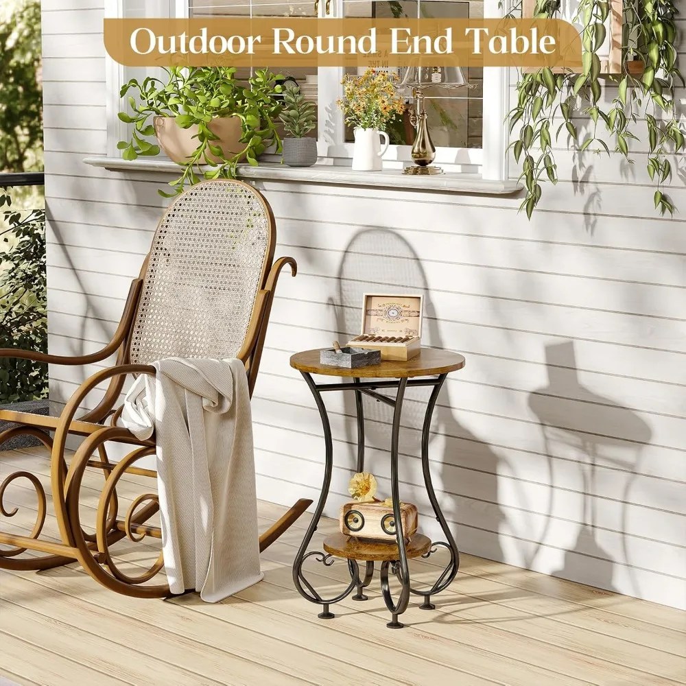 コンパクトな丸型サイドテーブル、下部棚付き、リビングルーム、ベッドルーム、バルコニー用の金属フレーム