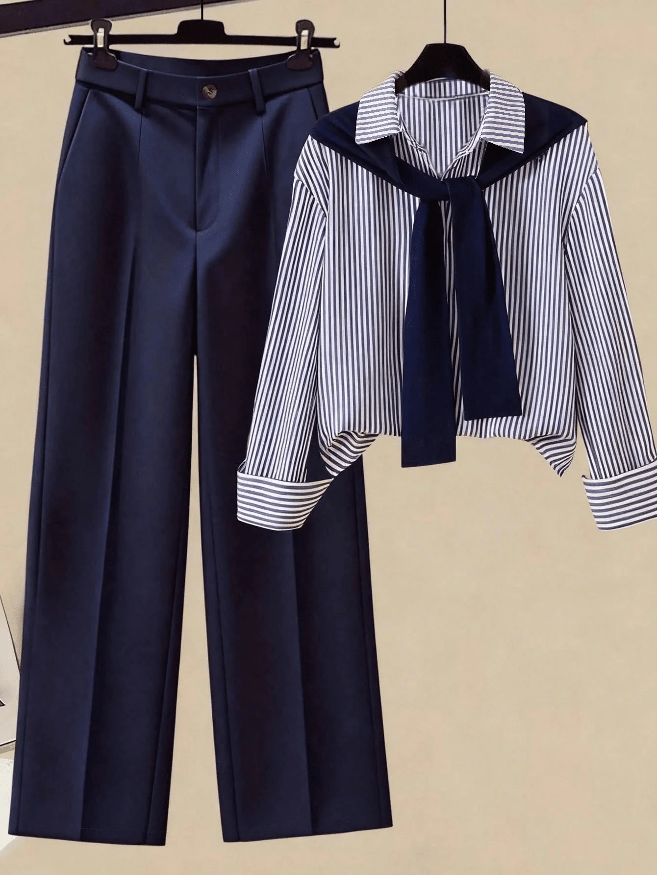 Women's Elegant 2 Piece Outfits, Striped Long Sleeve Shirt with Detachable Scarf + High Waist Wide Leg Pants Set, Casual Office