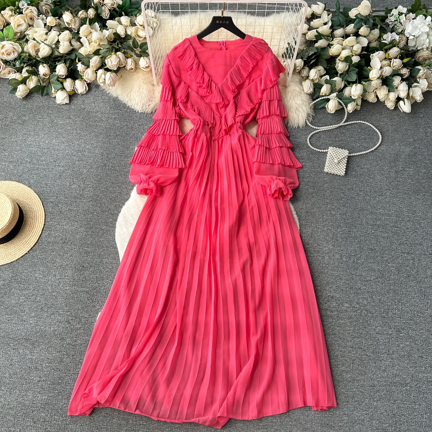 Chic Ruffle Pleated Long Sleeve V Neck Dress Chiffon A-line Casual Dresses Korean Fashion Women Elegant Vestidos