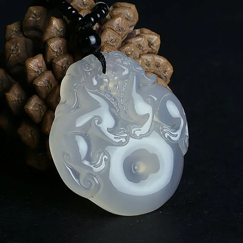 Natural Ice Jade Chalcedony Pendant for Men and Women's Lucky Pixiu Peace Buckle Pendant Ice Agate Necklace Pendant