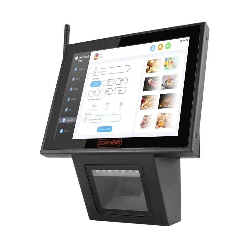 El más nuevo sistema de comprobación de precios Android Windows Pos de 8 pulgadas pantalla táctil escáner 2D incorporado comprobador de precios