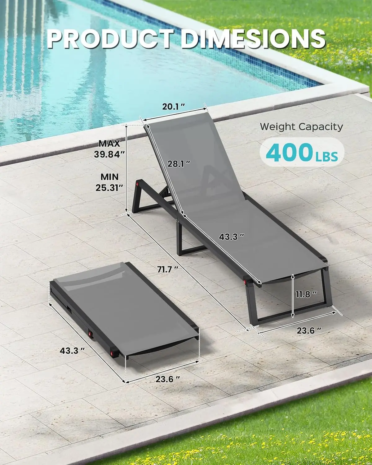 Aluminum Chaise Lounge Chair Outdoor, Foldable& No Assembly Patio Pool Lounge Chairs 5-Position Recliner, Customized