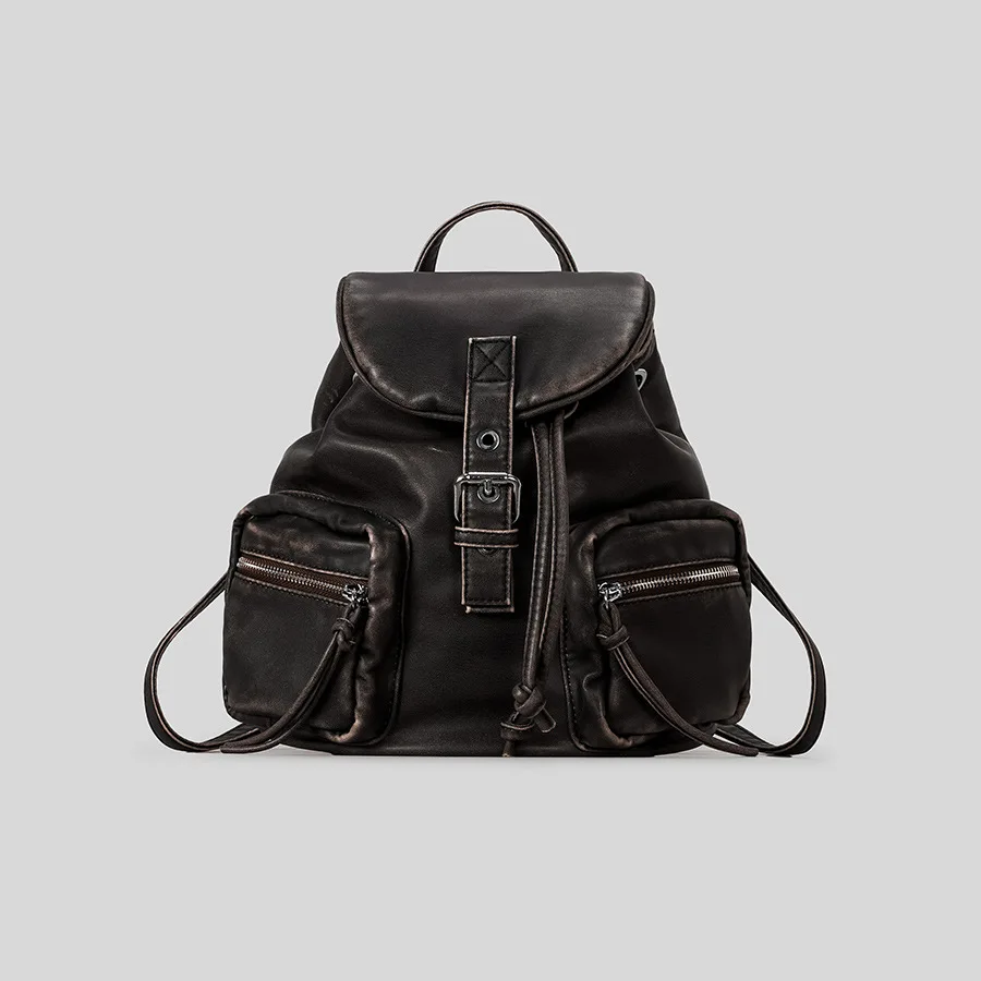 

Vintage Large Capacity Multi Pocket Women's Backpack Luxury Soft Pu Leather Punk Style College Student Backpacks Travel Bag 2025