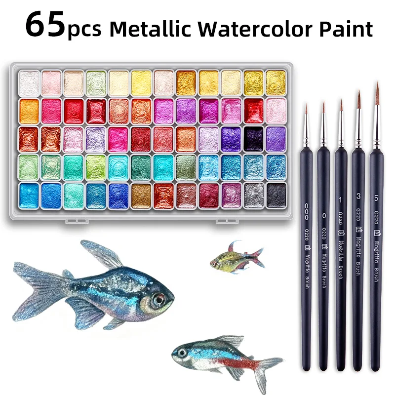 

Набор металлических акварельных красок, 65 шт., 60 цветов с 5 кистями для детализации, мерцающие блестящие пигменты для рисования и письма