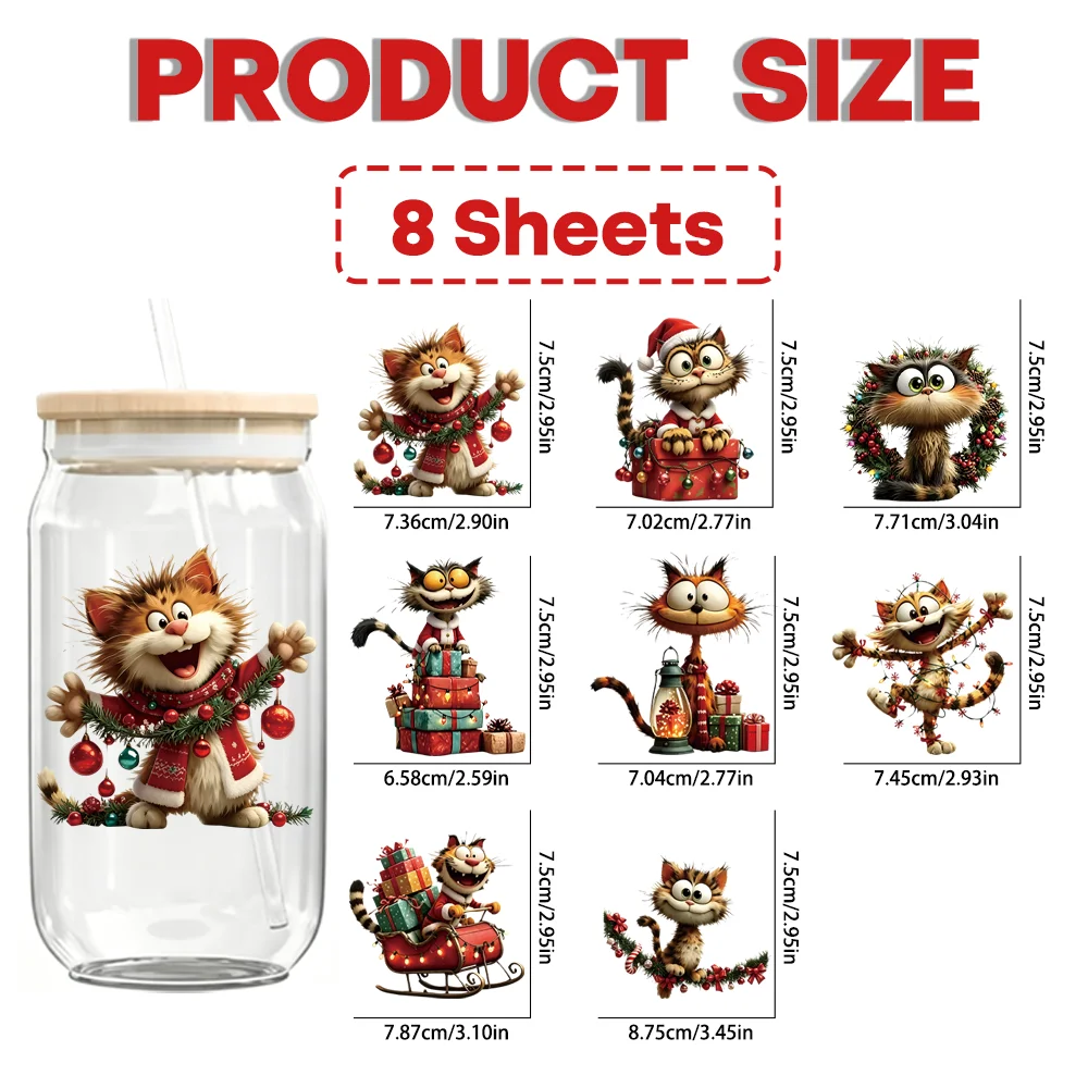 8PCS Cute Christmas Cat UV Crystal Labels, Waterproof Wear-Resistant, Rich Color  High Fidelity Decals for Water Bottles Helmets