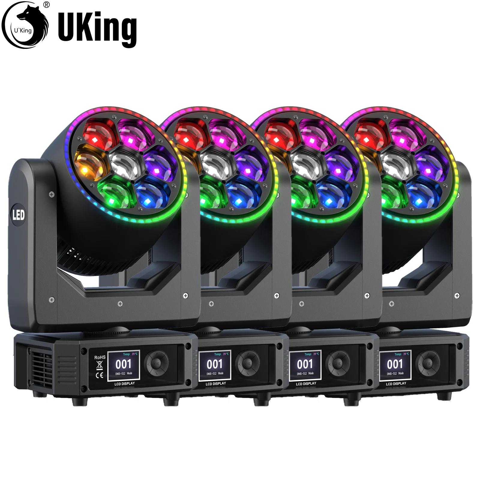 

U'King 4 шт. 300 Вт мини-руховые головные фонари 7X25 Вт RGBW светодиодные пчелиные глаза + световые полосы DJ Lights Zoom Lights DMX для вечеринки KTV Bar Club