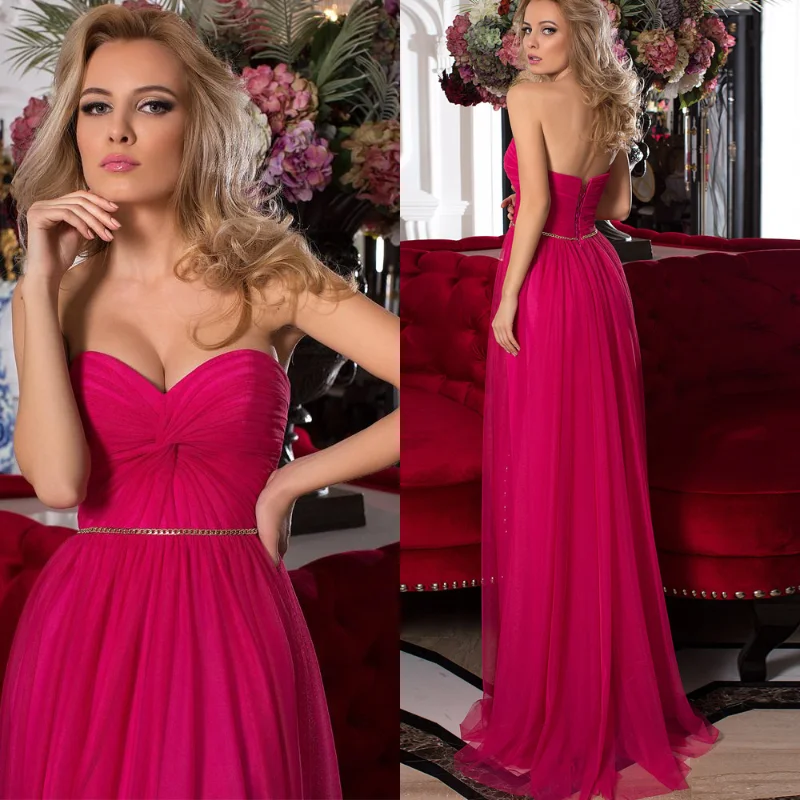 

Fuchsia Arabic Long Evening Dresses A-Line Sweetheart Pleat Sleeveless Backless Tulle Floor Length Party Prom Gown With Belt