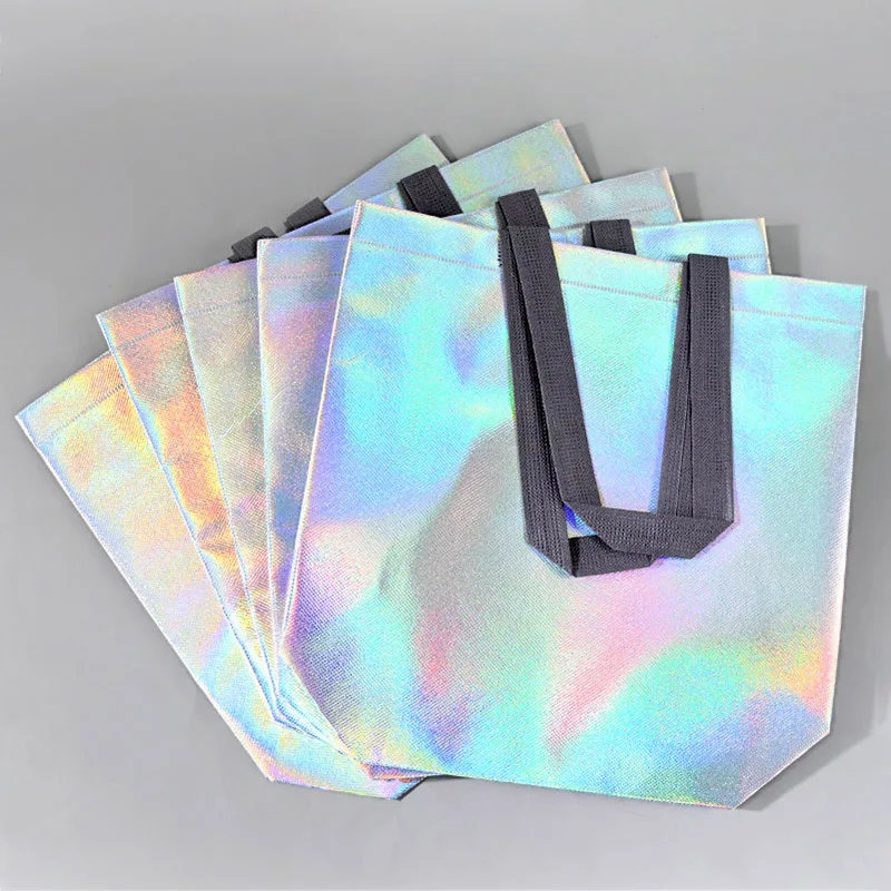 

5pcs Iridescent Color Non-Woven Gift Handled Bags Reusable Candy Goodie Bags Glossy Tote Birthday Party Decoration Supplies