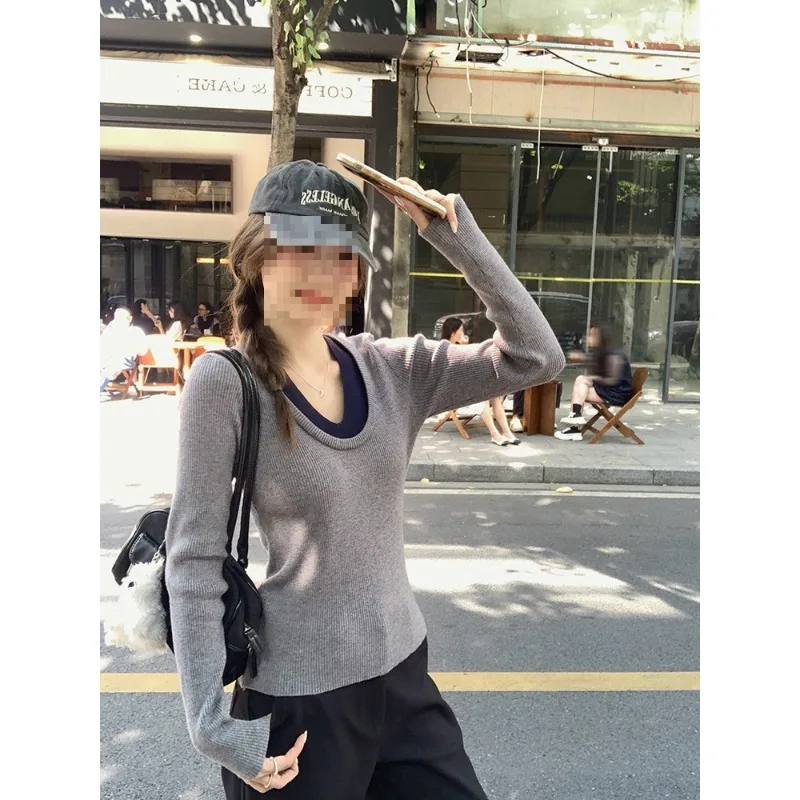 بلوفرات نسائية لخريف وشتاء 2025 برقبة على شكل حرف v بألوان متباينة سترة ضيقة بأكمام طويلة سترة نسائية للتنقل سترة نسائية غير رسمية