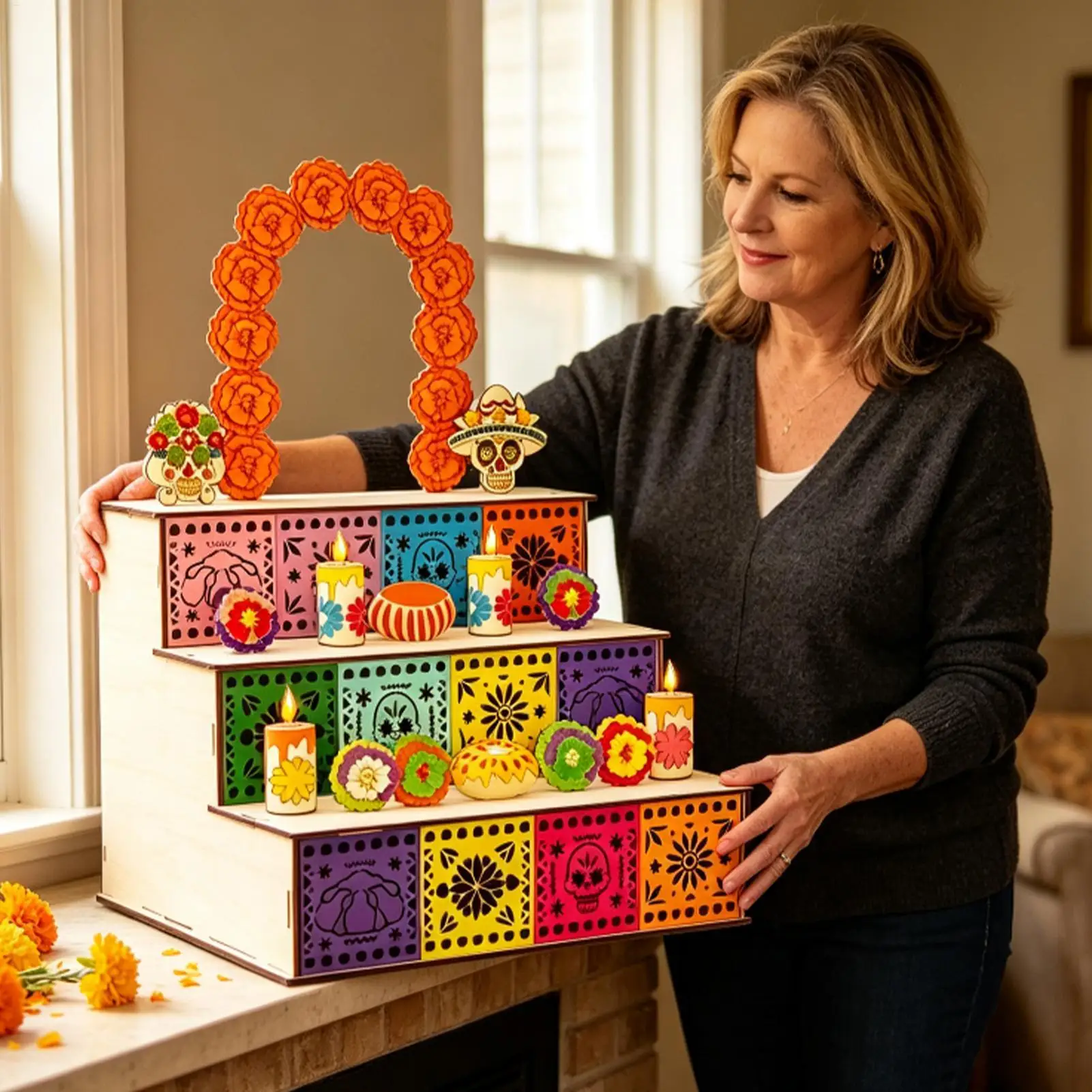 Einzigartige mexikanische hölzerne 3-stufige Altarbox, Ofrenda-Schattenbox zum Gedenken an den Tag der Toten für die Kirche und Wohnzimmerdekoration – Detail 8