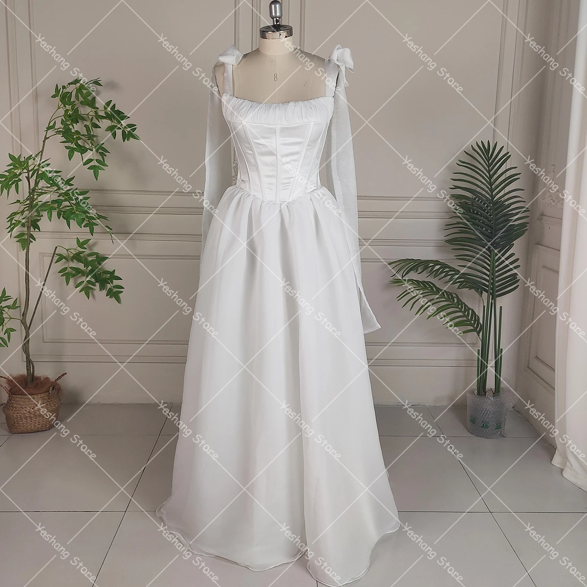 Customized Corset Self-Tie Straps Wedding Dresses Detachable Flower Train Crushed Taffeta Ivory A Line Basque Waist Bridal Gowns