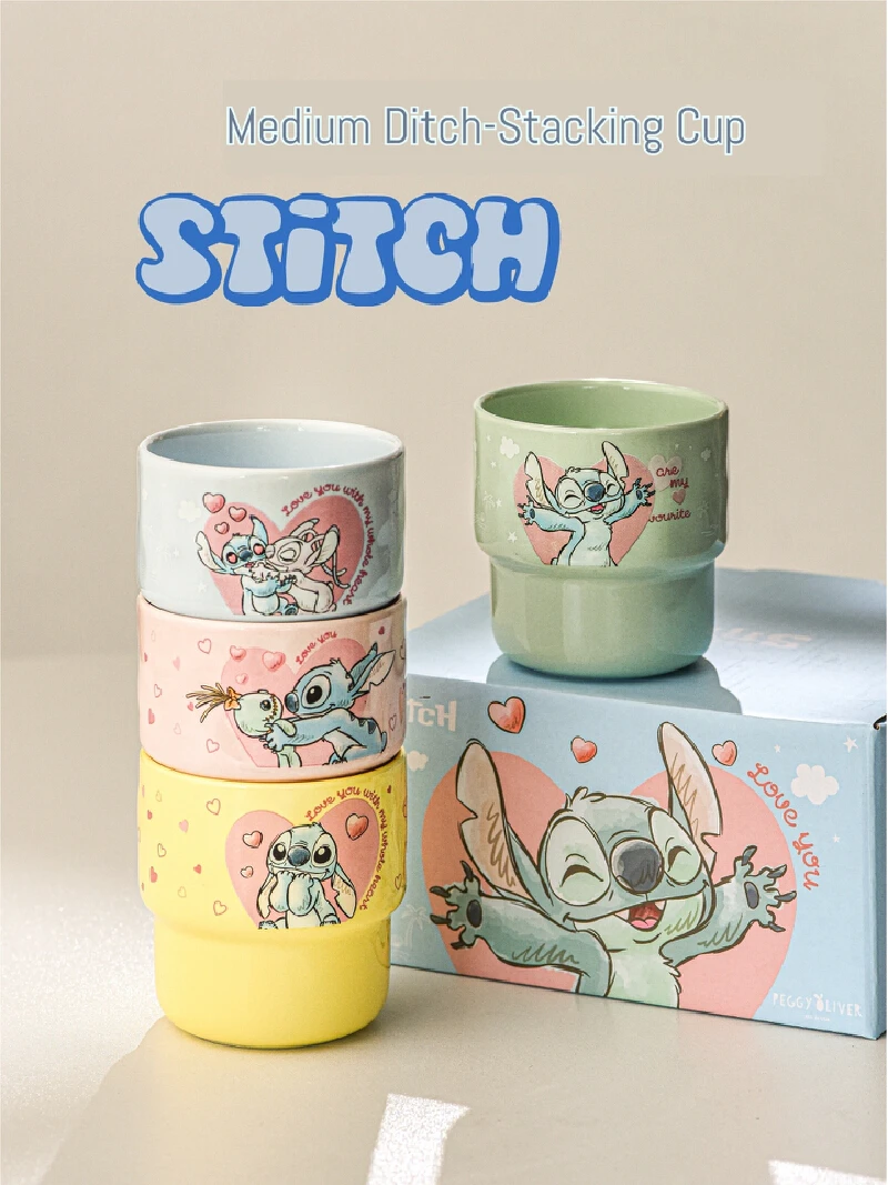 

Cute Cartoon Anime Peripheral Stitch Ceramic Stacked Cup Set Cartoon Fashion Creative Stitch Doll Mug Set Children'S Toy Gift