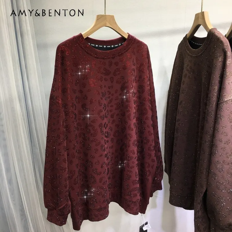 

Autumn Winter Rhinestone Sweatshirt Fashion Leopard Print Loose Oversized Medium-long Style Slimming Versatile Long-sleeved Top