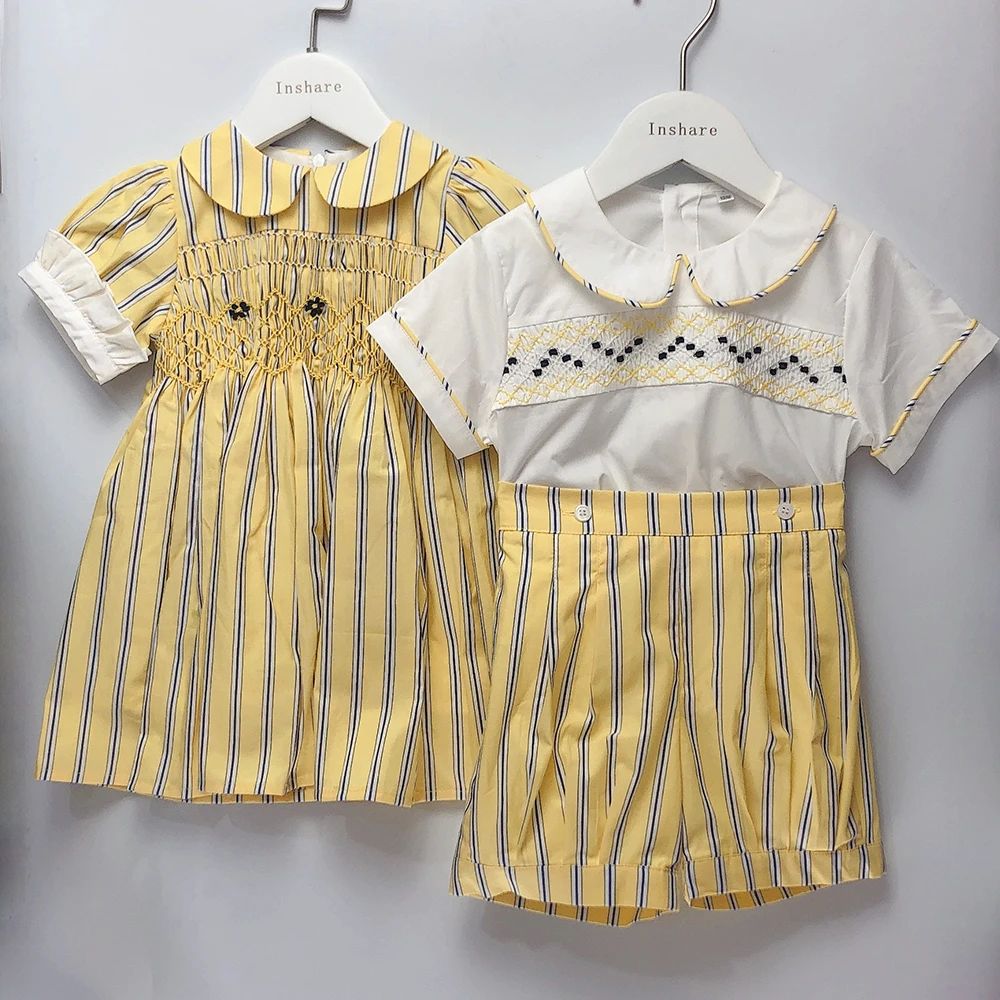 Children Boutique Clothing Summer Short Sleeve Boys Handmade Smocked Clothes Yellow Striped Set Christening Suit Easter Clothes