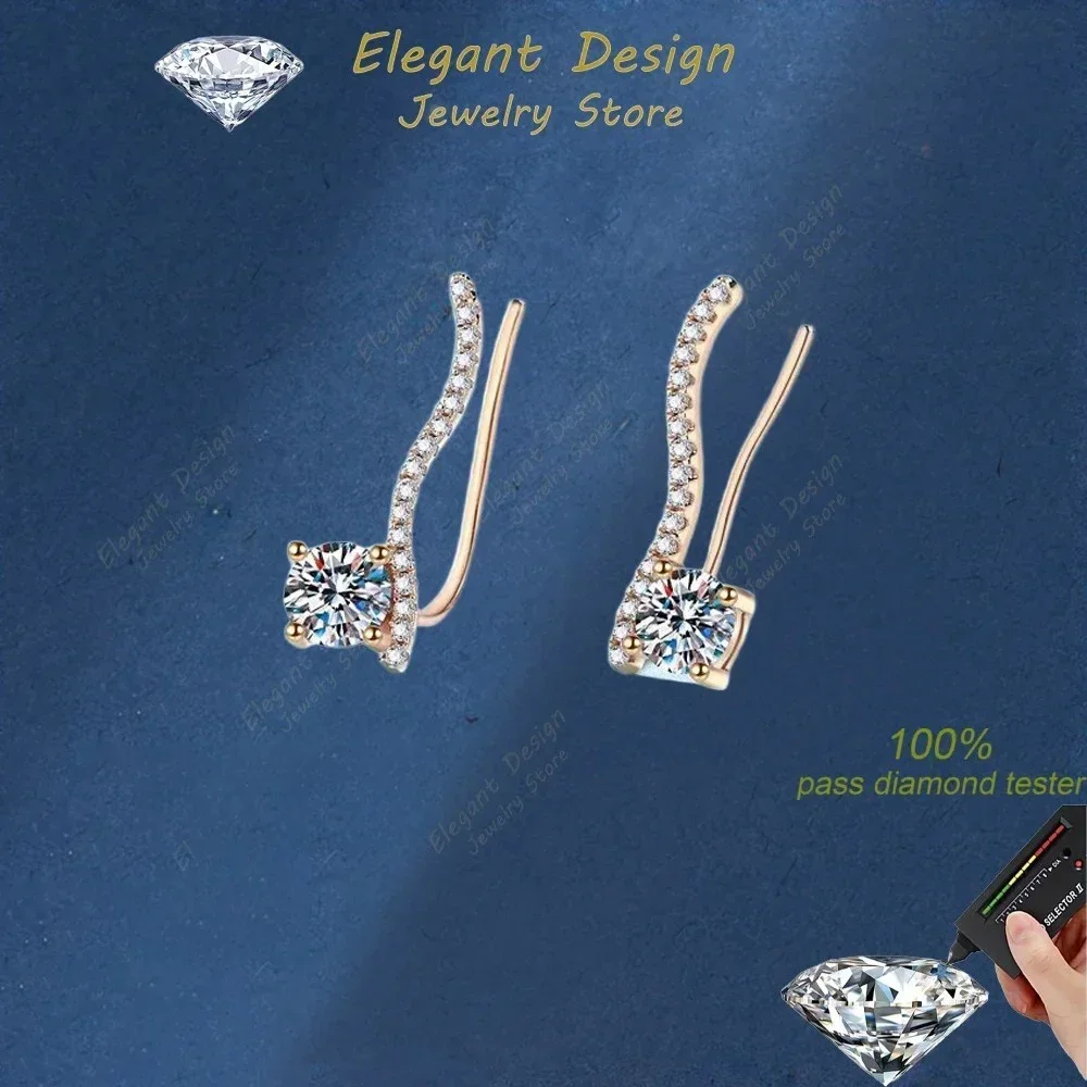 Women Wedding Champagne Gold Line Earring Romantic 18K Stud Earrings Birthday Gift 1CT Moissanite Diamond Valentine's Day