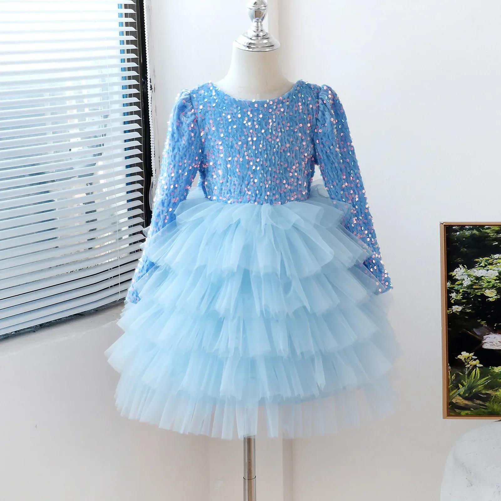 

Long Sleeve Kids Wedding Birthday Dress Girls Dress Pink Mesh Layered Party Dresses Children Sequined Princess Dress