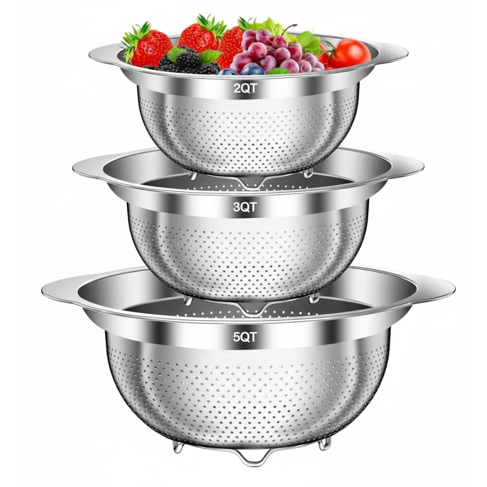 

3-Piece Stainless Steel Colander Set with Non-Slip Handles - Fast Draining for Pasta, Vegetables & Fruits