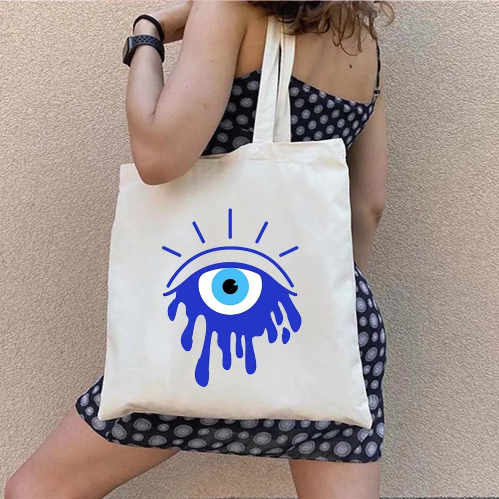 Greek Turkish Colorful Nazar Blue Evil Eye Hamsa Hand Girl Shopper Canvas Tote Bag Amulet GREECE Shoulder Cotton Female Handbags