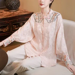 Chinese Style Women's Shirt  Embroidery Standing Collar Buckle Tang Clothes Tops Fashion Lady Clothing Loose Long Sleeve