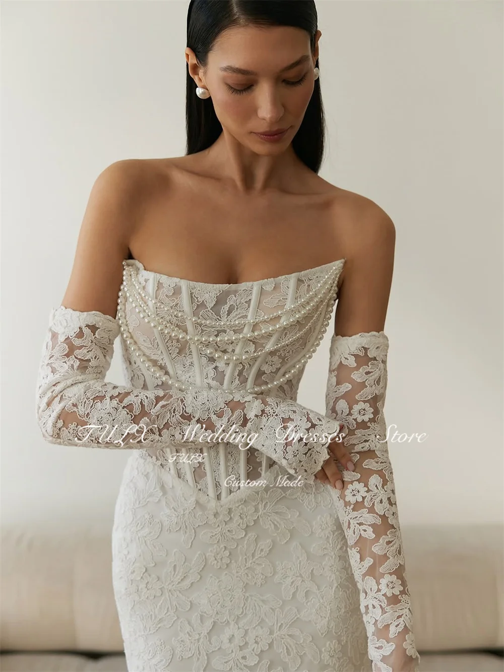 TULX Abiti da sposa in pizzo avorio di lusso senza spalline con perline Set maniche Abiti da sposa Sirena Lunga Robe De Mariée Personalizzato 2026