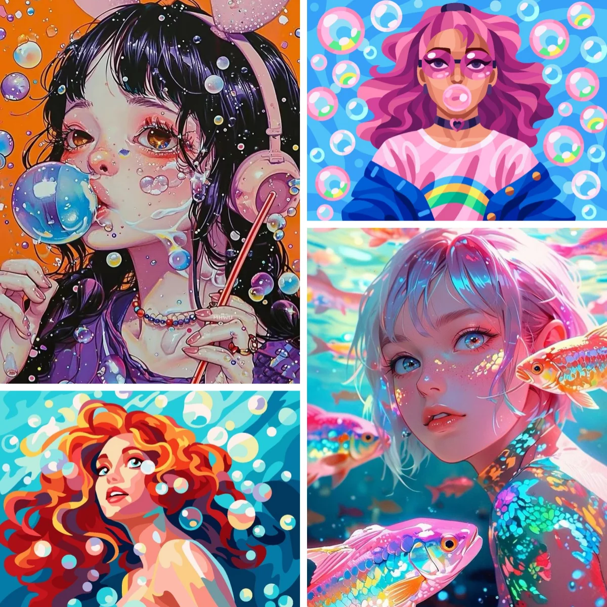 

5D DIY Diamond Painting Cross Stitch Kit Girl and Bubble Full Drill Picture of Rhinestones Girly Coquette Bedroom Preppy Decor