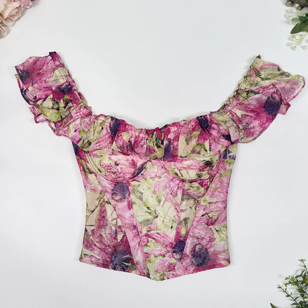 Fashion Off-Shoulder Bustier Top, Fuchsia Floral Print Tube Top with Puff Sleeves & Boning Backless V-Neck Corset Style Crop Top