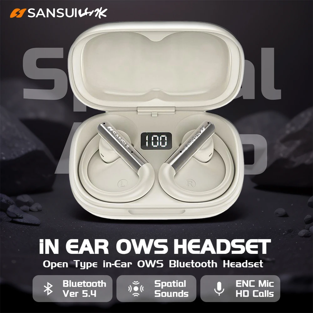 Sansui 3D Spatial Audio Bluetooth 5.4 Earphone HD Calls Open Ear Bluetooth Headset in-Ear OWS Sports Wireless Earbuds with APP